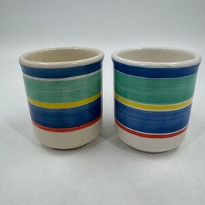 Set of 2 Vintage Himark Italy Ceramic Mugs Striped Blue Green Yellow‎ Red MCM